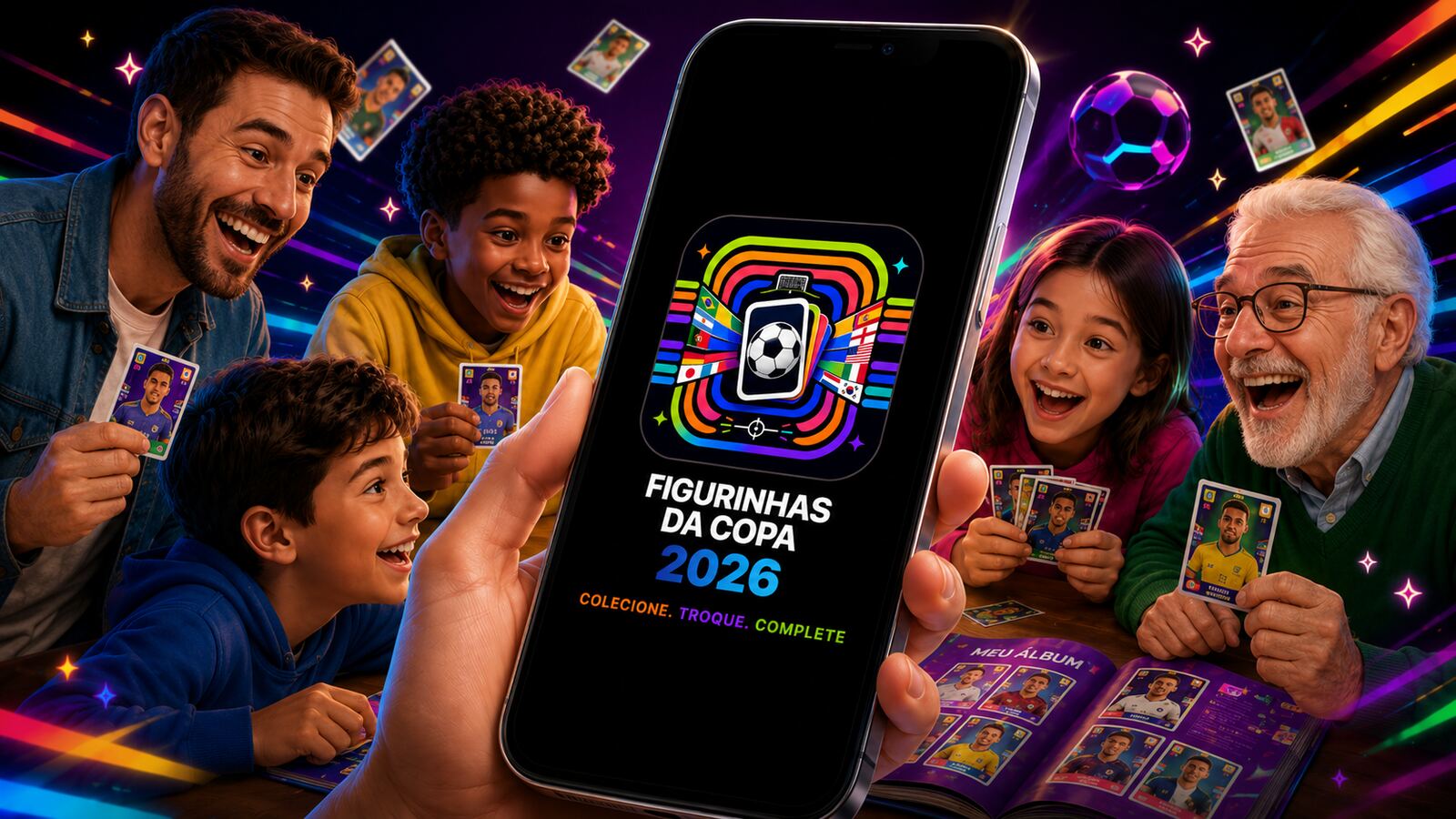 Colecionador segurando álbum oficial de figurinhas da Copa do Mundo FIFA 2026